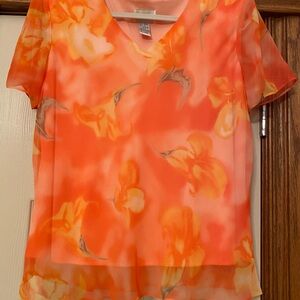 JBS Womens Floral Sheer Top w/Lining Sz 14 V Neck Shoulder Pads